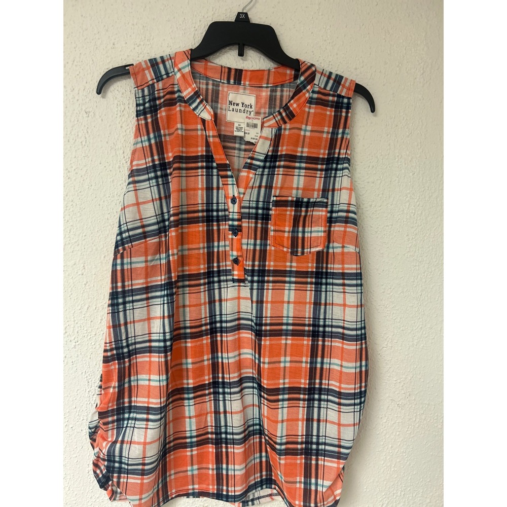 New York Laundry Womens 3X Orange Blue Plaid Sleeveless Button Blouse NWT